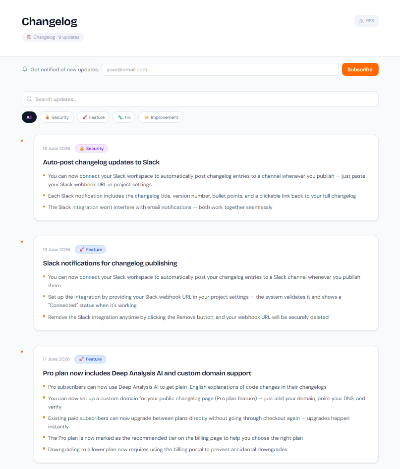 Public changelog page powered by ChangeNote Public Changelog Page — ChangeNote embeddable changelog widget